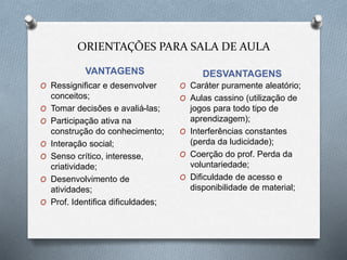 ORIENTAÇÕES PARA SALA DE AULA 
VANTAGENS DESVANTAGENS 
O Ressignificar e desenvolver 
conceitos; 
O Tomar decisões e avaliá-las; 
O Participação ativa na 
construção do conhecimento; 
O Interação social; 
O Senso crítico, interesse, 
criatividade; 
O Desenvolvimento de 
atividades; 
O Prof. Identifica dificuldades; 
O Caráter puramente aleatório; 
O Aulas cassino (utilização de 
jogos para todo tipo de 
aprendizagem); 
O Interferências constantes 
(perda da ludicidade); 
O Coerção do prof. Perda da 
voluntariedade; 
O Dificuldade de acesso e 
disponibilidade de material; 
 