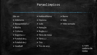 Paraolímpicos
São 20:
 Atletismo
 Basquetebol c.r
 Bocha
 Ciclismo
 Esgrima c.r
 Futebol de 5
 Futebol de 7
 Goalball
 Halterofilismo
 Hipismo
 Judo
 Natação
 Rugby c.r
 Ténis de mesa
 Ténis c.r
 Tiro
 Tiro de arco
 Remo
 Vela
 Vólei sentado
c.r-em
cadeira de
rodas
 