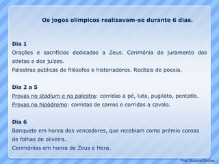 Dia 1
Orações e sacrifícios dedicados a Zeus. Cerimónia de juramento dos
atletas e dos juízes.
Palestras públicas de filósofos e historiadores. Recitais de poesia.
Dia 2 a 5
Provas no stadium e na palestra: corridas a pé, luta, pugilato, pentatlo.
Provas no hipódromo: corridas de carros e corridas a cavalo.
Dia 6
Banquete em honra dos vencedores, que recebiam como prémio coroas
de folhas de oliveira.
Cerimónias em honra de Zeus e Hera.
Os jogos olímpicos realizavam-se durante 6 dias.
Prof. Susana Simões
 