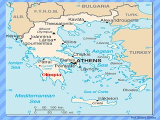 A cidade escolhida foi Olímpia, uma cidade de fácil acesso por via
marítima. Essa era uma das grandes preocupações dos gregos,
uma vez que, tanto participantes, como espetadores, deslocavam-
se de diferentes cidades do mundo grego.
Prof. Susana Simões
 