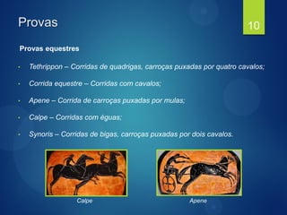 Provas
Provas equestres
• Tethrippon – Corridas de quadrigas, carroças puxadas por quatro cavalos;
• Corrida equestre – Corridas com cavalos;
• Apene – Corrida de carroças puxadas por mulas;
• Calpe – Corridas com éguas;
• Synoris – Corridas de bigas, carroças puxadas por dois cavalos.
10
Calpe Apene
 