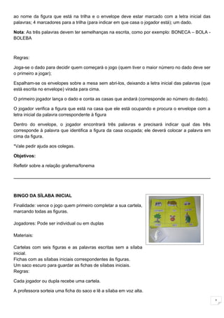 ao nome da figura que está na trilha e o envelope deve estar marcado com a letra inicial das
palavras; 4 marcadores para a trilha (para indicar em que casa o jogador está); um dado.

Nota: As três palavras devem ter semelhanças na escrita, como por exemplo: BONECA – BOLA -
BOLEBA



Regras:

Joga-se o dado para decidir quem começará o jogo (quem tiver o maior número no dado deve ser
o primeiro a jogar);

Espalham-se os envelopes sobre a mesa sem abri-los, deixando a letra inicial das palavras (que
está escrita no envelope) virada para cima.

O primeiro jogador lança o dado e conta as casas que andará (corresponde ao número do dado).

O jogador verifica a figura que está na casa que ele está ocupando e procura o envelope com a
letra inicial da palavra correspondente à figura

Dentro do envelope, o jogador encontrará três palavras e precisará indicar qual das três
corresponde à palavra que identifica a figura da casa ocupada; ele deverá colocar a palavra em
cima da figura.

*Vale pedir ajuda aos colegas.

Objetivos:

Refletir sobre a relação grafema/fonema




BINGO DA SÍLABA INICIAL

Finalidade: vence o jogo quem primeiro completar a sua cartela,
marcando todas as figuras.

Jogadores: Pode ser individual ou em duplas

Materiais:

Cartelas com seis figuras e as palavras escritas sem a sílaba
inicial.
Fichas com as sílabas iniciais correspondentes às figuras.
Um saco escuro para guardar as fichas de sílabas iniciais.
Regras:

Cada jogador ou dupla recebe uma cartela.

A professora sorteia uma ficha do saco e lê a sílaba em voz alta.

                                                                                                 1
 