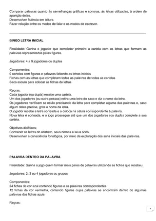 Comparar palavras quanto às semelhanças gráficas e sonoras, às letras utilizadas, à ordem de
aparição delas.
Desenvolver fluência em leitura.
Fazer relação entre os modos de falar e os modos de escrever.

______________________________________________________________________________

BINGO LETRA INICIAL

Finalidade: Ganha o jogador que completar primeiro a cartela com as letras que formam as
palavras representadas pelas figuras.

Jogadores: 4 a 9 jogadores ou duplas

Componentes:
9 cartelas com figuras e palavras faltando as letras iniciais
Fichas com as letras que completam todas as palavras de todas as cartelas
Saco escuro para colocar as fichas de letras

Regras:
Cada jogador (ou dupla) recebe uma cartela.
Um dos jogadores (ou outra pessoa) retira uma letra do saco e diz o nome da letra.
Os jogadores verificam se estão precisando da letra para completar alguma das palavras e, caso
algum deles precise, grita o nome da letra.
O jogador recebe a letra sorteada e a coloca na célula correspondente à palavra.
Nova letra é sorteada, e o jogo prossegue até que um dos jogadores (ou dupla) complete a sua
cartela.

Objetivos didáticos:
Conhecer as letras do alfabeto, seus nomes e seus sons.
Desenvolver a consciência fonológica, por meio da exploração dos sons iniciais das palavras.




PALAVRA DENTRO DA PALAVRA

Finalidade: Ganha o jogo quem formar mais pares de palavras utilizando as fichas que recebeu.

Jogadores: 2, 3 ou 4 jogadores ou grupos

Componentes:
24 fichas de cor azul contendo figuras e as palavras correspondentes
12 fichas de cor vermelha, contendo figuras cujas palavras se encontram dentro de algumas
palavras das fichas azuis

Regras:

                                                                                                 1
 