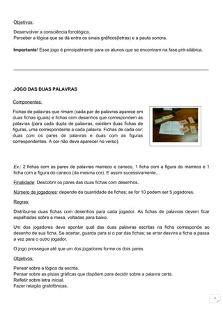Objetivos:

Desenvolver a consciência fonológica.
Perceber a lógica que se dá entre os sinais gráficos(letras) e a pauta sonora.

Importante! Esse jogo é principalmente para os alunos que se encontram na fase pré-silábica.


______________________________________________________________________________



JOGO DAS DUAS PALAVRAS

Componentes:

Fichas de palavras que rimam (cada par de palavras aparece em
duas fichas iguais) e fichas com desenhos que correspondem às
palavras (para cada dupla de palavras, existem duas fichas de
figuras, uma correspondente a cada palavra. Fichas de cada cor:
duas com os pares de palavras e duas com as figuras
correspondentes. A cor não deve aparecer no verso).




Ex.: 2 fichas com os pares de palavras marreco e caneco, 1 ficha com a figura do marreco e 1
ficha com a figura do caneco (da mesma cor). E assim sucessivamente...

Finalidade: Descobrir os pares das duas fichas com desenhos.

Número de jogadores: depende da quantidade de fichas; se for 10 podem ser 5 jogadores.

Regras:

Distribui-se duas fichas com desenhos para cada jogador. As fichas de palavras devem ficar
espalhadas sobre a mesa, voltadas para baixo.

Um dos jogadores deve apontar qual das duas palavras escritas na ficha corresponde ao
desenho de sua ficha. Se acertar, guarda para si o par das fichas; se errar desvira a ficha e passa
a vez para o outro jogador.

O jogo prossegue até que um dos jogadores forme os dois pares.

Objetivos:

Pensar sobre a lógica da escrita.
Pensar sobre as pistas gráficas que dispõem para decidir sobre a palavra certa.
Refletir sobre letra inicial.
Fazer relação grafofônicas.

                                                                                                      1
 