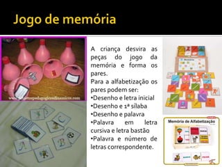 A criança desvira as
peças do jogo da
memória e forma os
pares.
Para a alfabetização os
pares podem ser:
•Desenho e letra inicial
•Desenho e 1ª sílaba
•Desenho e palavra
•Palavra
em
letra
cursiva e letra bastão
•Palavra e número de
letras correspondente.

 