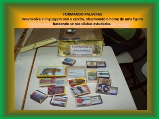 FORMANDO PALAVRAS Desenvolve a linguagem oral e escrita, observando o nome de uma figura baseando-se nas sílabas estudadas. 