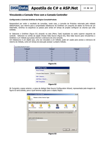 Apostila de C# e ASP.Net 122 de 168
Vinculando a Camada View com a Camada Controller
Configurando o Controle GridView da Página ConsultaProduto
Responsável por exibir o resultado de consultas, neste caso, a consulta de Produtos retornada pelo método
ObterProduto, que retorna para a propriedade DataSource do GridView um conjunto de dados na forma de um
DataTable, veremos na sequência os passos para ainda em tempo de projeto configurar as colunas que srão
exibidas.
1- Selecione o GridView (figura 01) clicando na seta (Menu Task) localizada na canto superior esquerdo do
controle. Selecione no combo da opção Choose Data Source (figura 02), New Data Source para vincularmos o
GridView a um método que possa retornar a estrutura de uma consulta.
Um Datasource é um objeto que, uma vez vinculado a um método, pode ser usado para acesso a estrutura de
retorno do método, como em tempo de execução acessar o próprio método.
Figura 01
Figura 02
2- Cumprido o passo anterior, a caixa de dialogo Data Source Configuration Wizard, representada pela imagem da
figura 03 será exibida, para a qual faremos opção para o objeto Object.
Figura 03
 