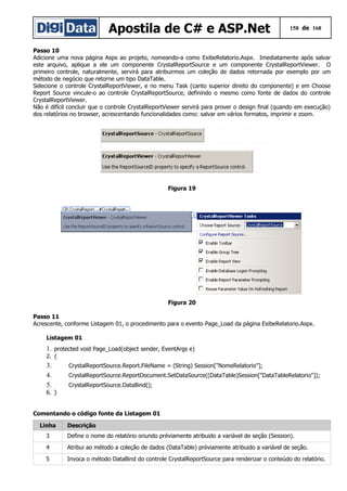 Apostila de C# e ASP.Net 158 de 168
Passo 10
Adicione uma nova página Aspx ao projeto, nomeando-a como ExibeRelatorio.Aspx. Imediatamente após salvar
este arquivo, aplique a ele um componente CrystalReportSource e um componente CrystalReportViewer. O
primeiro controle, naturalmente, servirá para atribuirmos um coleção de dados retornada por exemplo por um
método de negócio que retorne um tipo DataTable.
Selecione o controle CrystalReportViewer, e no menu Task (canto superior direito do componente) e em Choose
Report Source vincule-o ao controle CrystalReportSource, definindo o mesmo como fonte de dados do controle
CrystalReportViewer.
Não é difícil concluir que o controle CrystalReportViewer servirá para prover o design final (quando em execução)
dos relatórios no browser, acrescentando funcionalidades como: salvar em vários formatos, imprimir e zoom.
Figura 19
Figura 20
Passo 11
Acrescente, conforme Listagem 01, o procedimento para o evento Page_Load da página ExibeRelatorio.Aspx.
Listagem 01
1. protected void Page_Load(object sender, EventArgs e)
2. {
3. CrystalReportSource.Report.FileName = (String) Session["NomeRelatorio"];
4. CrystalReportSource.ReportDocument.SetDataSource((DataTable)Session["DataTableRelatorio"]);
5. CrystalReportSource.DataBind();
6. }
Comentando o código fonte da Listagem 01
Linha Descrição
3 Define o nome do relatório oriundo préviamente atribuido a variável de seção (Session).
4 Atribui ao método a coleção de dados (DataTable) préviamente atribuido a variável de seção.
5 Invoca o método DataBind do controle CrystalReportSource para renderizar o conteúdo do relatório.
 