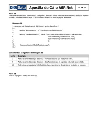 Apostila de C# e ASP.Net 159 de 168
Passo 12
Finalizando a codificação, observando a Listagem 02, aplique o código constante ao evento Click do botão Imprimir
da Page ConsultaMovimento.Aspx. Caso não exista este botão em sua página, acrescente.
Listagem 02
1. protected void ButtonImprimir_Click(object sender, EventArgs e)
2. {
3. Session["NomeRelatorio"] = "CrystalReportListaMovimento.rpt";
4.
5. Session["DataTableRelatorio"] = Prod.ObterListaMovimento(TextBoxDescricaoProduto.Text,
6. DateTime.Parse(TextBoxDataIni.Text),
7. DateTime.Parse(TextBoxDataFin.Text)
8. );
9.
10. Response.Redirect("ExibirRelatorio.aspx");
11. }
Comentando o código fonte da Listagem 02
Linha Descrição
3 Atribui a variável de seção (Session) o nome do relatório que desejamos exibir..
5 Atribui a variável de seção (Session) o DataTable (coleção de registros) retornado pelo método.
10 Redireciona para a página ExibirRelatório.Aspx, naturalmente desejando ver os dados no browser.
Passo 13
Execute o projeto e verifique o resultado.
 
