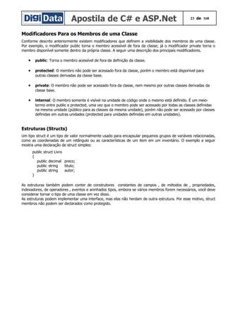 Apostila de C# e ASP.Net 23 de 168
Modificadores Para os Membros de uma Classe
Conforme descrito anteriormente existem modificadores que definem a visibilidade dos membros de uma classe.
Por exemplo, o modificador public torna o membro acessível de fora da classe; já o modificador private torna o
membro disponível somente dentro da própria classe. A seguir uma descrição dos principais modificadores.
• public: Torna o membro acessível de fora da definição da classe.
• protected: O membro não pode ser acessado fora da classe, porém o membro está disponível para
outras classes derivadas da classe base.
• private: O membro não pode ser acessado fora da classe, nem mesmo por outras classes derivadas da
classe base.
• internal: O membro somente é visível na unidade de código onde o mesmo está definido. É um meio-
termo entre public e protected, uma vez que o membro pode ser acessado por todas as classes definidas
na mesma unidade (público para as classes da mesma unidade), porém não pode ser acessado por classes
definidas em outras unidades (protected para unidades definidas em outras unidades).
Estruturas (Structs)
Um tipo struct é um tipo de valor normalmente usado para encapsular pequenos grupos de variáveis relacionadas,
como as coordenadas de um retângulo ou as características de um item em um inventário. O exemplo a seguir
mostra uma declaração de struct simples:
public struct Livro
{
public decimal preco;
public string titulo;
public string autor;
}
As estruturas também podem conter de construtores constantes de campos , de métodos de , propriedades,
indexadores, de operadores , eventos e aninhados tipos, embora se vários membros forem necessários, você deve
considerar tornar o tipo de uma classe em vez disso.
As estruturas podem implementar uma interface, mas elas não herdam de outra estrutura. Por esse motivo, struct
membros não podem ser declarados como protegido.
 