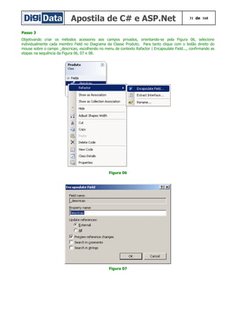 Apostila de C# e ASP.Net 31 de 168
Passo 3
Objetivando criar os métodos acessores aos campos privados, orientando-se pela Figura 06, selecione
individualmente cada membro Field no Diagrama da Classe Produto. Para tanto clique com o botão direito do
mouse sobre o campo _descricao, escolhendo no menu de contexto Rafactor | Encapsulate Field..., confirmando as
etapas na sequência da Figura 06, 07 e 08.
Figura 06
Figura 07
 