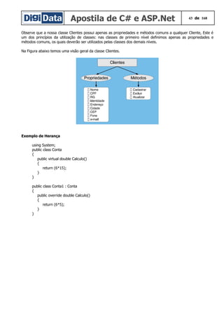 Apostila de C# e ASP.Net 43 de 168
Observe que a nossa classe Clientes possui apenas as propriedades e métodos comuns a qualquer Cliente, Este é
um dos princípios da utilização de classes: nas classes de primeiro nível definimos apenas as propriedades e
métodos comuns, os quais deverão ser utilizados pelas classes dos demais níveis.
Na Figura abaixo temos uma visão geral da classe Clientes.
Exemplo de Herança
using System;
public class Conta
{
public virtual double Calculo()
{
return (6*15);
}
}
public class Conta1 : Conta
{
public override double Calculo()
{
return (6*5);
}
}
 