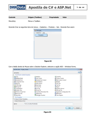 Apostila de C# e ASP.Net 71 de 168
Controle Origem (Toolbox) Propriedade Valor
MenuStrip Menus e ToolBars
Devendo Criar os seguintes itens de menus Cadastros Produtos Sair. Devendo ficar assim:→ → →
Figura 02
Com o Botão direito do Mouse sobre o Solution Explorer, selecione a opção ADD Windows Forms.→
Figura 03
 