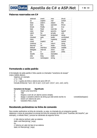 Apostila de C# e ASP.Net 9 de 168
Palavras reservadas em C#
Formatando a saída padrão
A formatação da saída padrão é feita usando os chamados “caracteres de escape”
(veja a tabela abaixo).
Vejamos um exemplo:
// t = TAB
// n = quebra de linha e retorno de carro (CR LF)
Console.WriteLine( "var1: {0} t var2: {1}t var3: {2}n", var1, var2, var3);
Caractere de Escape Significado
n Insere uma nova linha
t TAB
a Dispara o som de um alarme sonoro simples
b Apaga o caractere anterior da string que está sendo escrita no console(backspace)
r Insere um retorno de carro
0 Caractere NULL (nulo)
Recebendo parâmetros na linha de comando
Para receber parâmetros na linha de comando, ou seja, na chamada de um programa quando
digitamos o nome do executável no prompt da linha de comando do DOS (como “ScanDisk /All /AutoFix”, por
exemplo), o método Main( ) precisa ser declarado da seguinte forma:
// não retorna nenhum valor ao sistema
static void Main(string[ ] args)
ou,
// retorna um valor do tipo int ao sistema
static int Main(string[ ] args)
abstract event new struct
as explicit null switch
base extern object this
bool false operator throw
break finally out true
byte fixed override try
case float params typeof
catch for private uint
char foreach protected ulong
checked goto public unchecked
class if readonly unsafe
const implicit ref ushort
continue in return using
decimal int sbyte virtual
default interface sealed volatile
delegate internal short void
do is sizeof while
double lock stackalloc
else long static
enum namespace string
 