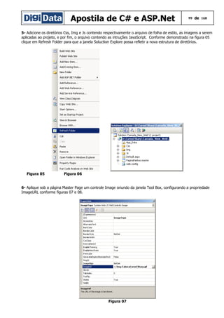 Apostila de C# e ASP.Net 99 de 168
5- Adicione os diretórios Css, Img e Js contendo respectivamente o arquivo de folha de estilo, as imagens a serem
aplicadas ao projeto, e por fim, o arquivo contendo as intruções JavaScript. Conforme demonstrado na figura 05
clique em Refresh Folder para que a janela Soluction Explore possa refletir a nova estrutura de diretórios.
Figura 05 Figura 06
6- Aplique sob a página Master Page um controle Image oriundo da janela Tool Box, configurando a propriedade
ImageURL conforme figuras 07 e 08.
Figura 07
 