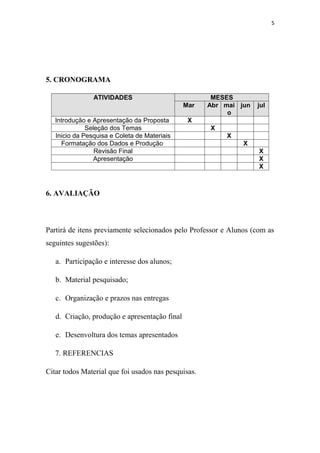 5




5. CRONOGRAMA

                ATIVIDADES                            MESES
                                               Mar   Abr mai jun   jul
                                                          o
   Introdução e Apresentação da Proposta        X
              Seleção dos Temas                      X
   Inicio da Pesquisa e Coleta de Materiais               X
     Formatação dos Dados e Produção                           X
                 Revisão Final                                      X
                 Apresentação                                       X
                                                                    X



6. AVALIAÇÃO



Partirá de itens previamente selecionados pelo Professor e Alunos (com as
seguintes sugestões):

   a. Participação e interesse dos alunos;

   b. Material pesquisado;

   c. Organização e prazos nas entregas

   d. Criação, produção e apresentação final

   e. Desenvoltura dos temas apresentados

   7. REFERENCIAS

Citar todos Material que foi usados nas pesquisas.
 