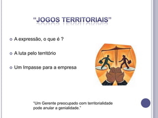 

A expressão, o que é ?



A luta pelo território



Um Impasse para a empresa

“Um Gerente preocupado com territorialidade
pode anular a genialidade.”

 