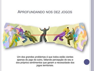 APROFUNDANDO NOS DEZ JOGOS

Um dos grandes problemas é que todos estão cientes
apenas do jogo do outro, faltando percepção do seu e
dos próprios sentimentos que geram a necessidade dos
jogos territoriais.

 