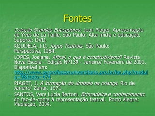 Fontes
- Coleção Grandes Educadores: Jean Piaget. Apresentação
de Yves de La Taille. São Paulo: Atta mídia e educação.
Suporte: DVD.
- KOUDELA, I.D. Jogos Teatrais. São Paulo:
Perspectiva, 1984.
- LOPES, Josiane. Afinal, o que é construtivismo? Revista
Nova Escola – Edição Nº139 - Janeiro/ Fevereiro de 2001.
Disponível em:
http://www.serprofessoruniversitario.pro.br/ler.php?modul
o=9&texto=474.
- PIAGET, J. A formação do símbolo na criança. Rio de
Janeiro: Zahar, 1971.
- SANTOS, Vera Lúcia Bertoni. Brincadeira e conhecimento:
do faz-de-conta à representação teatral. Porto Alegre:
Mediação, 2004.
 