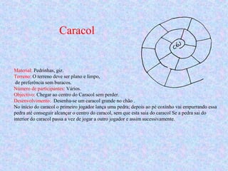 Caracol
Material: Pedrinhas, giz.
Terreno: O terreno deve ser plano e limpo,
de preferência sem buracos.
Número de participantes: Vários.
Objectivo: Chegar ao centro do Caracol sem perder.
Desenvolvimento: Desenha-se um caracol grande no chão .
No início do caracol o primeiro jogador lança uma pedra; depois ao pé coxinho vai empurrando essa
pedra até conseguir alcançar o centro do caracol, sem que esta saia do caracol Se a pedra sai do
interior do caracol passa a vez de jogar a outro jogador e assim sucessivamente.
 