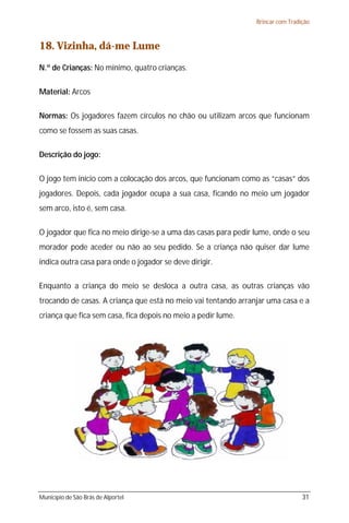 Brincar com Tradição



18. Vizinha, dá-me Lume
N.º de Crianças: No mínimo, quatro crianças.

Material: Arcos

Normas: Os jogadores fazem círculos no chão ou utilizam arcos que funcionam
como se fossem as suas casas.

Descrição do jogo:

O jogo tem início com a colocação dos arcos, que funcionam como as “casas” dos
jogadores. Depois, cada jogador ocupa a sua casa, ficando no meio um jogador
sem arco, isto é, sem casa.

O jogador que fica no meio dirige-se a uma das casas para pedir lume, onde o seu
morador pode aceder ou não ao seu pedido. Se a criança não quiser dar lume
indica outra casa para onde o jogador se deve dirigir.

Enquanto a criança do meio se desloca a outra casa, as outras crianças vão
trocando de casas. A criança que está no meio vai tentando arranjar uma casa e a
criança que fica sem casa, fica depois no meio a pedir lume.




Município de São Brás de Alportel                                                31
 