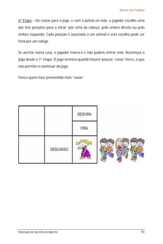 Brincar com Tradição


6ª Etapa – De costas para o jogo, e com a patela na mão, o jogador escolhe uma
das três posições para a atirar: por cima da cabeça; pelo ombro direito ou pelo
ombro esquerdo. Cada posição é associada a um animal e esta escolha pode ser
feita por um colega.

Se acertar numa casa, o jogador marca-a e não podem entrar nela. Recomeça o
jogo desde a 1ª etapa. O jogo termina quando houver poucas “casas” livres, o que
não permite o continuar do jogo.

Vence quem tiver preenchido mais “casas”.




Município de São Brás de Alportel                                                93
 