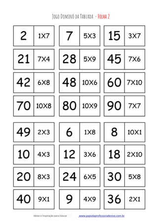 Ideias e Inspiração para Educar www.papodaprofessoradenise.com.br
Jogo Dominó da Tabuada - Folha 2
 