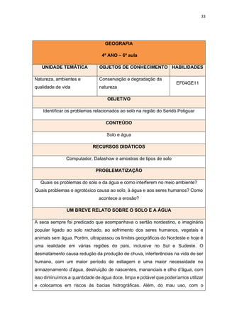 33
GEOGRAFIA
4º ANO – 6ª aula
UNIDADE TEMÁTICA OBJETOS DE CONHECIMENTO HABILIDADES
Natureza, ambientes e
qualidade de vida
Conservação e degradação da
natureza
EF04GE11
OBJETIVO
Identificar os problemas relacionados ao solo na região do Seridó Potiguar
CONTEÚDO
Solo e água
RECURSOS DIDÁTICOS
Computador, Datashow e amostras de tipos de solo
PROBLEMATIZAÇÃO
Quais os problemas do solo e da água e como interferem no meio ambiente?
Quais problemas o agrotóxico causa ao solo, à água e aos seres humanos? Como
acontece a erosão?
UM BREVE RELATO SOBRE O SOLO E A ÁGUA
A seca sempre foi predicado que acompanhava o sertão nordestino, o imaginário
popular ligado ao solo rachado, ao sofrimento dos seres humanos, vegetais e
animais sem água. Porém, ultrapassou os limites geográficos do Nordeste e hoje é
uma realidade em várias regiões do país, inclusive no Sul e Sudeste. O
desmatamento causa redução da produção de chuva, interferências na vida do ser
humano, com um maior período de estiagem e uma maior necessidade no
armazenamento d’água, destruição de nascentes, mananciais e olho d’água, com
isso diminuímos a quantidade de água doce, limpa e potável que poderíamos utilizar
e colocamos em riscos às bacias hidrográficas. Além, do mau uso, com o
 