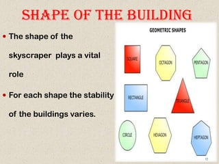SHAPE OF THE BUILDING
 The shape of the
skyscraper plays a vital
role
 For each shape the stability
of the buildings varies.
17
 