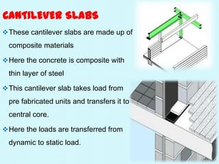 CANTILEVER SLABS
These cantilever slabs are made up of
composite materials
Here the concrete is composite with
thin layer of steel
This cantilever slab takes load from
pre fabricated units and transfers it to
central core.
Here the loads are transferred from
dynamic to static load.
22
 