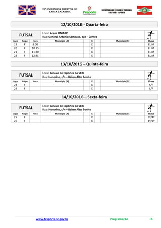 www.fesporte.sc.gov.br Programação 16
12/10/2016 - Quarta-feira
FUTSAL
Local: Arena UNIARP
Rua: General Antonio Sampaio, s/n – Centro
Jogo Naipe Hora Município [A] X Município [B] Chave
19 F 9:00 X ELIM
20 F 10:15 X ELIM
21 F 11:30 X ELIM
22 F 12:45 X ELIM
13/10/2016 – Quinta-feira
FUTSAL
Local: Ginásio de Esportes do SESI
Rua: Honorino, s/n – Bairro Alto Bonito
Jogo Naipe Hora Município [A] X Município [B] Chave
23 F X S/F
24 F X S/F
14/10/2016 – Sexta-feira
FUTSAL
Local: Ginásio de Esportes do SESI
Rua: Honorino, s/n – Bairro Alto Bonito
Jogo Naipe Hora Município [A] X Município [B] Chave
25 F X 3º/4º
26 F X 1º/2º
 