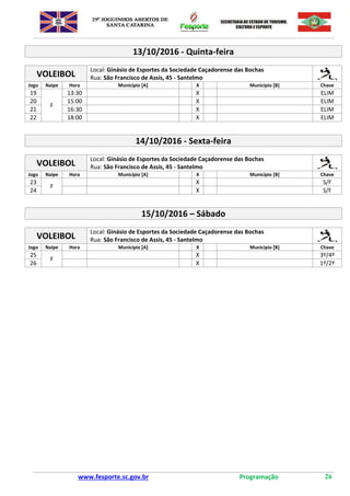 www.fesporte.sc.gov.br Programação 26
13/10/2016 - Quinta-feira
VOLEIBOL
Local: Ginásio de Esportes da Sociedade Caçadorense das Bochas
Rua: São Francisco de Assis, 45 - Santelmo
Jogo Naipe Hora Município [A] X Município [B] Chave
19
F
13:30 X ELIM
20 15:00 X ELIM
21 16:30 X ELIM
22 18:00 X ELIM
14/10/2016 - Sexta-feira
VOLEIBOL
Local: Ginásio de Esportes da Sociedade Caçadorense das Bochas
Rua: São Francisco de Assis, 45 - Santelmo
Jogo Naipe Hora Município [A] X Município [B] Chave
23
F
X S/F
24 X S/F
15/10/2016 – Sábado
VOLEIBOL
Local: Ginásio de Esportes da Sociedade Caçadorense das Bochas
Rua: São Francisco de Assis, 45 - Santelmo
Jogo Naipe Hora Município [A] X Município [B] Chave
25
F
X 3º/4º
26 X 1º/2º
 