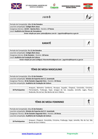 www.fesporte.sc.gov.br Programação 2
Municípios Participantes
1 Anchieta 33 Joaçaba
2 Araquari 34 Joinville
3 Arabutã 35 Lages
4 Ascurra 36 Laguna
5 Balneário Camboriú 37 Lontras
6 Barra Velha 38 Luzerna
7 Biguaçu 39 Mafra
8 Blumenau 40 Modelo
9 Bombinhas 41 Navegantes
10 Braço do Norte 42 Nova Veneza
11 Brusque 43 Ouro
12 Caçador 44 Palma Sola
13 Camboriú 45 Peritiba
14 Campos Novos 46 Pomerode
15 Canoinhas 47 Porto Belo
16 Chapecó 48 Pouso Redondo
17 Cocal do Sul 49 Presidente Getúlio
18 Concórdia 50 Quilombo
19 Criciúma 51 Rio do Sul
20 Cunha Porã 52 São Bento do Sul
21 Curitibanos 53 São Carlos
22 Dionísio Cerqueira 54 São Francisco do Sul
23 Florianópolis 55 São José
24 Fraiburgo 56 São Lourenço do Oeste
25 Gaspar 57 São Ludgero
26 Guaraciaba 58 Saudades
27 Içara 59 Santo Amaro Imperatriz
28 Itá 60 Timbó
29 Itajaí 61 Tubarão
30 Itapema 62 Urussanga
31 Itapiranga 63 Videira
32 Jaraguá do Sul
 
