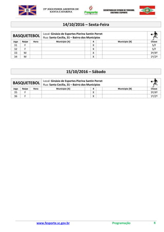 www.fesporte.sc.gov.br Programação 8
14/10/2016 – Sexta-Feira
BASQUETEBOL
Local: Ginásio de Esportes Pierina Santin Perret
Rua: Santa Cecília, 31 – Bairro dos Municípios
Jogo Naipe Hora Município [A] X Município [B] Chave
31 F X S/F
32 F X S/F
33 M X 3ª/4º
34 M X 1º/2º
15/10/2016 – Sábado
BASQUETEBOL
Local: Ginásio de Esportes Pierina Santin Perret
Rua: Santa Cecília, 31 – Bairro dos Municípios
Jogo Naipe Hora Município [A] X Município [B] Chave
35 F X 3ª/4º
36 F X 1º/2º
 