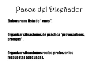Pasos del Diseñador
Elaborar una lista de “ cues ”.
Organizar situaciones de práctica “provocadores,
prompts” .
Organizar situaciones reales y reforzar las
respuestasadecuadas.
 