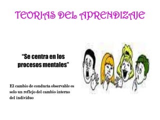 “Se centra en los
procesos mentales”
El cambio de conducta observable es
solo un reflejo del cambio interno
del individuo
TEORIAS DEL APRENDIZAJE
 