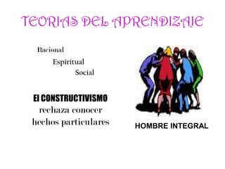 TEORIAS DEL APRENDIZAJE
El CONSTRUCTIVISMO
rechaza conocer
hechos particulares
Racional
Espiritual
Social
HOMBRE INTEGRAL
 