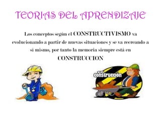 TEORIAS DEL APRENDIZAJE
Los conceptos según el CONSTRUCTIVISMO va
evolucionando a partir de nuevas situaciones y se va recreando a
sí mismo, por tanto la memoria siempre está en
CONSTRUCCION
 