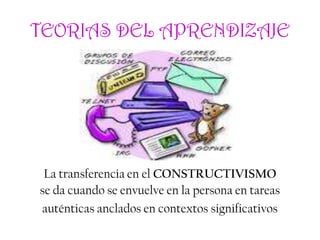 TEORIAS DEL APRENDIZAJE
La transferencia en el CONSTRUCTIVISMO
se da cuando se envuelve en la persona en tareas
auténticas anclados en contextos significativos
 