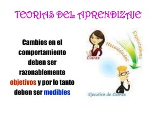 Cambios en el
comportamiento
deben ser
razonablemente
objetivos y por lo tanto
deben ser medibles
TEORIAS DEL APRENDIZAJE
 