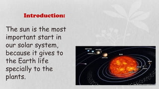 Introduction:
The sun is the most
important start in
our solar system,
because it gives to
the Earth life
specially to the
plants.