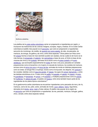 Butifarras soledeñas.
Los platillos de la costa caribe colombiana varían en preparación e ingredientes por región, e
incorporan las tradiciones de las culturas indígena, europea, negra y mestiza. En la Costa Caribe
colombiana el platillo más popular es el sancocho, que varía en preparación e ingredientes:
sancocho de mondongo, de costilla, de guandú con carne salada, de rabo, de pescados, de
mariscos, de tortuga, de gallina y de chivo, entre otras especies.
9
Otros platos son fritos como
las arepas hechas a base de maíz (también pueden ser asadas), de las cuales la de huevo es la
más famosa, la empanada, el patacón, las carimañolas a base de yuca, el friche (a base de las
vísceras del chivo) y los quibbes; derivados de la leche como el queso costeño y el suero
atollabuey, que acompaña especialmente los bollos de maíz o de yuca; pescados en variadas
preparaciones como el bocachico o la mojarra, la cazuela de mariscos, los cocteles de mariscos;
arroces como el arroz con coco y el arroz de lisa; animales de monte en distintas preparaciones
como la icotea, la tortuga frita o el pisingo; dulces como el enyucado, las alegrías, los queques o
las cocadas; bebidas como el agua de panela, el raspao, los jugos de corozo ytamarindo, y entre
las bebidas alcohólicas el ron. Frutas como la patilla, la guayaba, el zapote, el níspero, el anón,
la guanábana, el tamarindo, el corozo, y el marañón; y múltiples preparaciones como el cayeye,
las butifarras, la cabeza de gato, el pastel y la hayaca, entre otros también hacen parte de los
ingredientes de los platos típicos colombianos.
9
En la gastronomía caribe colombiana se encuentran ingredientes como pescados de mar y de río,
mariscos, carne de res, pollo, cerdo, animales de monte, yuca, plátano, ñame, legumbres,
derivados de la leche, arroz, maíz y frutas nativas. El platillo más popular de la región es
el sancocho que varía en preparación e ingredientes: de res, pescado, mariscos, tortugas, gallina,
chivo, venado, entre otras especies nativas
 