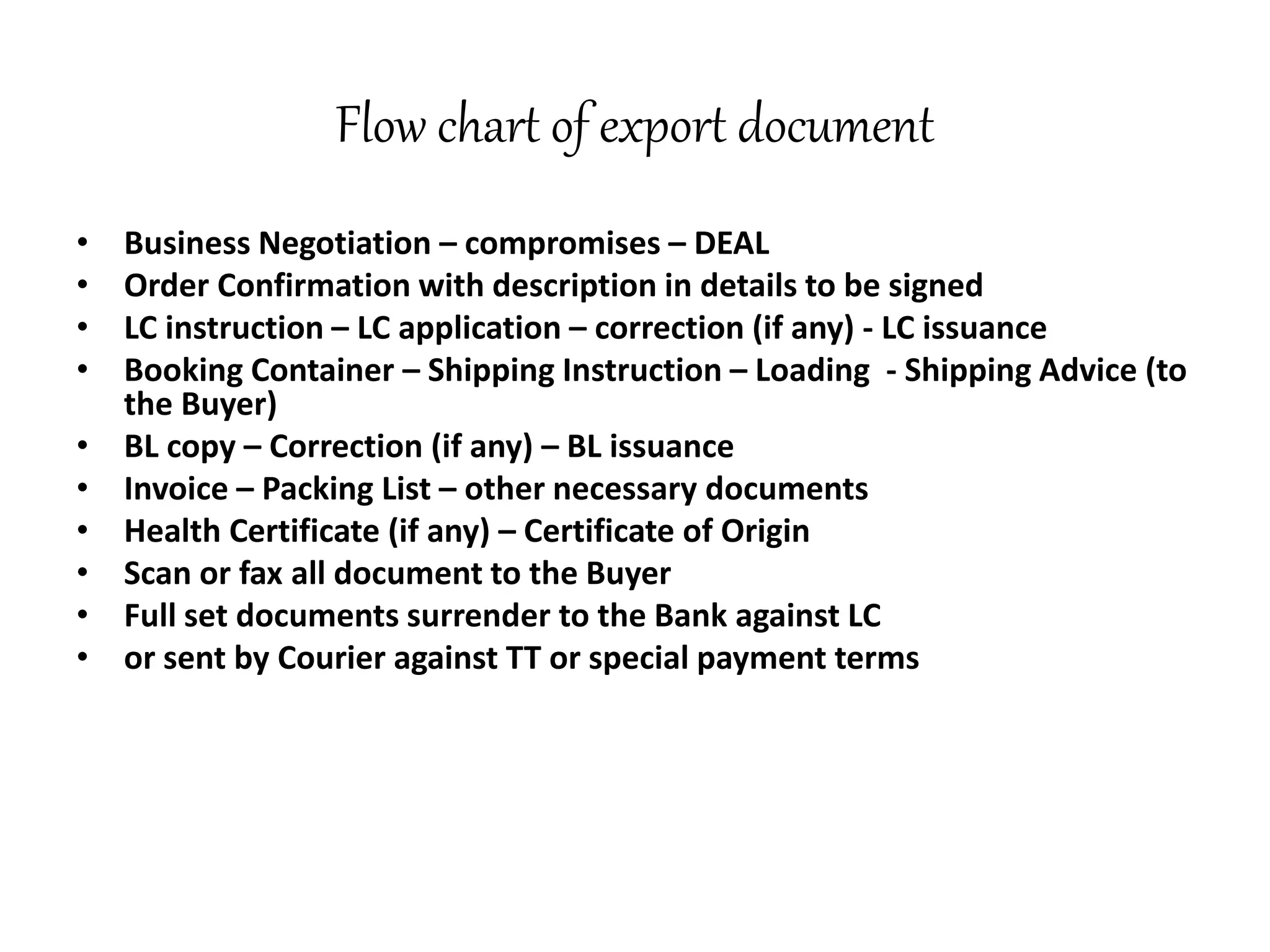 Flow chart of export document 
• Business Negotiation – compromises – DEAL 
• Order Confirmation with description in details to be signed 
• LC instruction – LC application – correction (if any) - LC issuance 
• Booking Container – Shipping Instruction – Loading - Shipping Advice (to 
the Buyer) 
• BL copy – Correction (if any) – BL issuance 
• Invoice – Packing List – other necessary documents 
• Health Certificate (if any) – Certificate of Origin 
• Scan or fax all document to the Buyer 
• Full set documents surrender to the Bank against LC 
• or sent by Courier against TT or special payment terms 
 