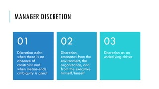 MANAGER DISCRETION
Discretion exist
when there is an
absence of
constraint and
when means-ends
ambiguity is great
01
Discretion,
emanates from the
environment, the
organization, and
from the executive
himself/herself
02
Discretion as an
underlying driver
03
 