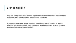 APPLICABILITY
Day and Lord (1992) found that the cognitive structures of executives in machine tool
companies were related to their organizations’ strategies.
In particular, executives whose firms had the widest arrays of product or service
offerings tended to draw the finest distinctions between different types of strategic
problems (in an experimental setting).
 