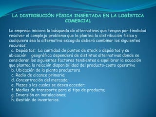 LA DISTRIBUCIÓN FÍSICA INSERTADA EN LA LOGÍSTICA
                    COMERCIAL

La empresa iniciara la búsqueda de alternativas que tengan por finalidad
resolver el complejo problema que le plantea la distribución física y
cualquiera sea la alternativa escogida deberá combinar los siguientes
recursos:
 a. Depósitos: La cantidad de puntos de stock o depósitos y su
ubicación geográfica dependerá de distintas alternativas donde se
consideran los siguientes factores tendientes a equilibrar la ecuación
que plantea la relación disponibilidad del producto-costo operativo
 b. Ubicación de la planta productora
 c. Radio de alcance primario;
 d. Concentración del mercado;
 e. Plazas a las cuales se desea acceder;
 f. Medios de transporte para el tipo de producto;
 g. Inversión en instalaciones;
 h. Gestión de inventarios.
 