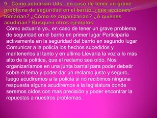 Cómo actuaría yo., en caso de tener un grave problema
de seguridad en el barrio en primer lugar Participaría
activamente en la seguridad del barrio en segundo lugar
Comunicar a la policía los hechos sucedidos y
mantenerlos al tanto y en ultimo Llevaría la voz a lo más
alto de la política, que el reclamo sea oído. Nos
organizaríamos en una junta barrial para poder debatir
sobre el tema y poder dar un reclamo justo y seguro,
luego acudiremos a la policía si no recibimos ninguna
respuesta alguna acudiremos a la legislatura donde
seremos oídos con mas precisión y poder encontrar la
repuestas a nuestros problemas.
 
