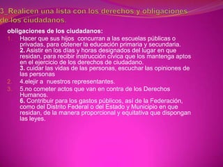 obligaciones de los ciudadanos:
1. Hacer que sus hijos concurran a las escuelas públicas o
    privadas, para obtener la educación primaria y secundaria.
    2. Asistir en los días y horas designados del lugar en que
    residan, para recibir instrucción cívica que los mantenga aptos
    en el ejercicio de los derechos de ciudadano.
    3. cuidar las vidas de las personas, escuchar las opiniones de
    las personas
2. 4.elejir a nuestros representantes.
3. 5.no cometer actos que van en contra de los Derechos
    Humanos.
    6. Contribuir para los gastos públicos, así de la Federación,
    como del Distrito Federal o del Estado y Municipio en que
    residan, de la manera proporcional y equitativa que dispongan
    las leyes.
 