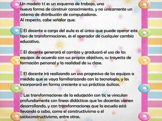 Un modelo 1:1 es un esquema de trabajo, una
nueva forma de construir conocimiento, y no únicamente un
sistema de distribución de computadoras.
Al respecto, cabe señalar que:

 docente a cargo del aula es el único que puede operar este
  El
tipo de transformaciones, es el operador de cualquier cambio
educativo.

 docente generará el cambio y graduará el uso de los
  El
equipos de acuerdo con sus propios objetivos, su trayecto de
formación personal y la realidad de su clase.

 docente irá realizando un uso progresivo de los equipos a
  El
medida que se vaya familiarizando con la tecnología, y los
incorporará en forma creciente a sus prácticas áulicas.

 transformaciones de la educación con tic se vinculan
   Las
profundamente con líneas didácticas que los docentes vienen
desarrollando, y con transformaciones que la escuela está
llevando a cabo, como el constructivismo o el
socioconstructivismo, entre otras.
 