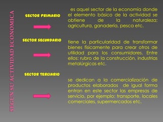 Sector primario
sector secundario
Sector terciario
es aquel sector de la economía donde
el elemento básico de la actividad se
obtiene de la naturaleza;
agricultura, ganadería, pesca etc.
tiene la particularidad de transformar
bienes físicamente para crear otros de
utilidad para los consumidores. Entre
ellos: rubro de la construcción, industrias
metalúrgicas etc.
se dedican a la comercialización de
productos elaborados de igual forma
entran en este sector las empresas de
servicio, por ejemplo: transporte, locales
comerciales, supermercados etc.
 
